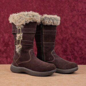 LL Bean Women Nordic Tek Dark Brown Faux Fur Cuff Zip Warm Comfy Boots sz 8